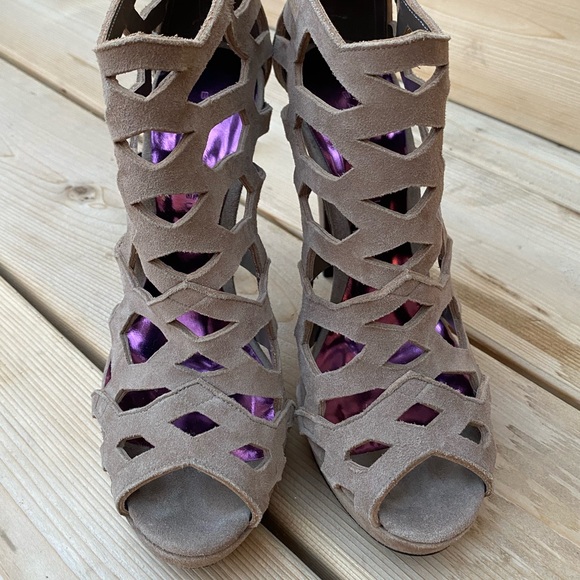 Barbara Bui Taupe Suede Laser Cut Cage Sandals - Picture 2 of 4